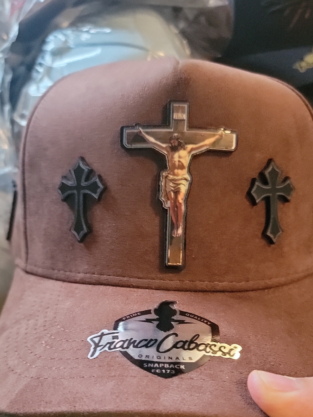 Brown Snapback Hat with Crucifix Accents
